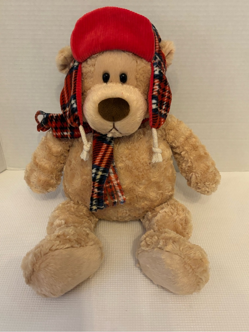 Gund Mannie The Teddy Bear with Red Corduroy Hat and Orange Plaid Scarf